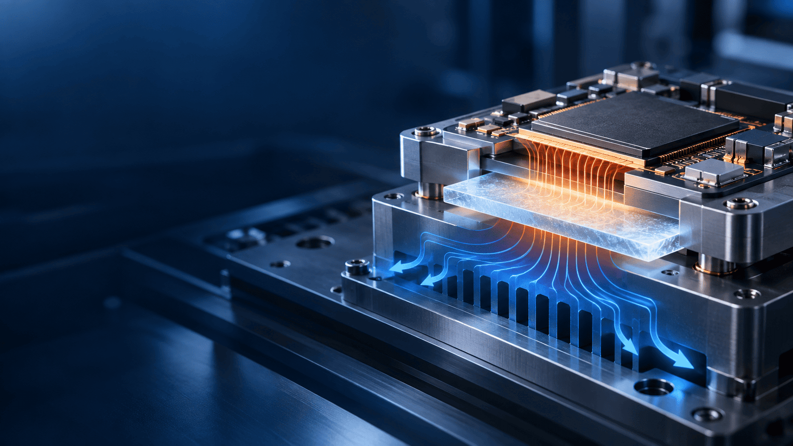 Conceptual illustration of CVD diamond heat spreader integrated between a semiconductor device and cooling structure